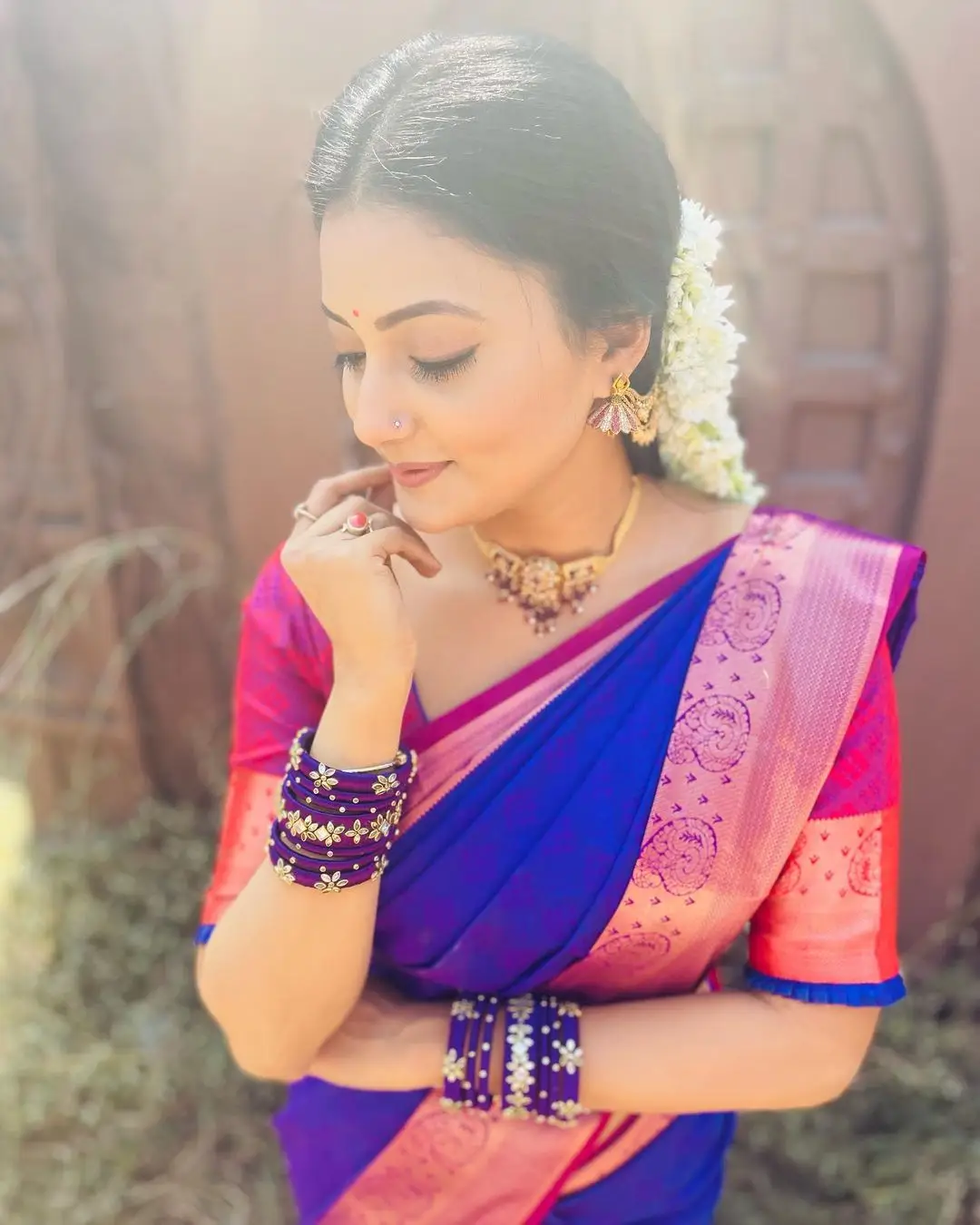 Telugu TV Actress Debjani Modak Stills In Blue Saree Red Blouse